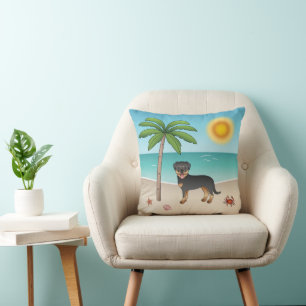 Coussin Rottweiler noir et feu sur une plage tropicale en