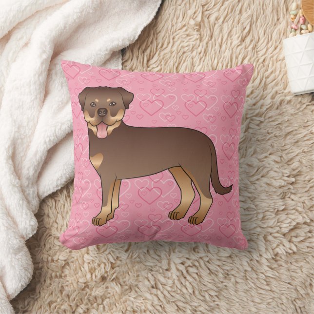 Coussin Rottweiler Rouge Et Brun Sur Cœurs Roses (Couverture)
