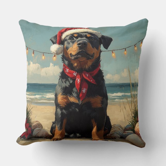 Coussin Rotweiler Chien Noël Plage Vintage (Recto)