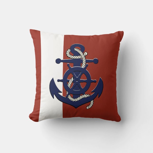 Coussin Roue/ancre du navire bleu marine nautique rouge (Recto)
