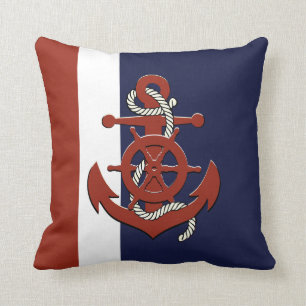 Coussin Roue/ancre du navire rouge nautique Jeu bleu marin