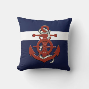 Coussin Roue/ancre du navire rouge nautique Jeu bleu marin