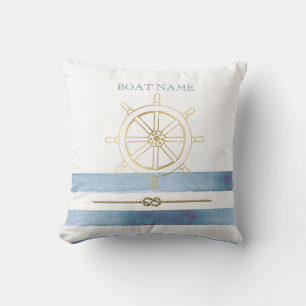 Coussin Roue de bateau en or nautique, rayures d'aquarelle
