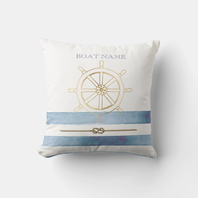 Coussin Roue de bateau en or nautique, rayures d'aquarelle (Recto)