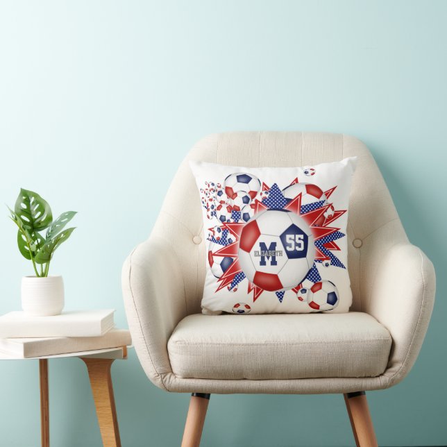 Coussin rouge blanc bleu balle de football filles sport (Chaise)