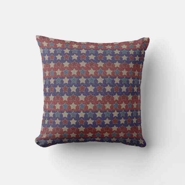 Coussin Rouge Blanc Bleu Étoiles Vintage (Recto)