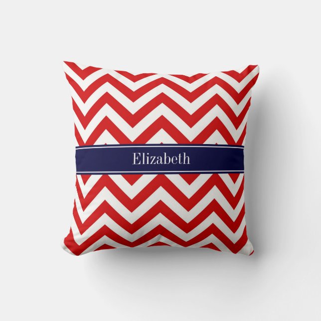 Coussin Rouge Blanc Chevron LG Bleu Marine Monogramme Init (Recto)