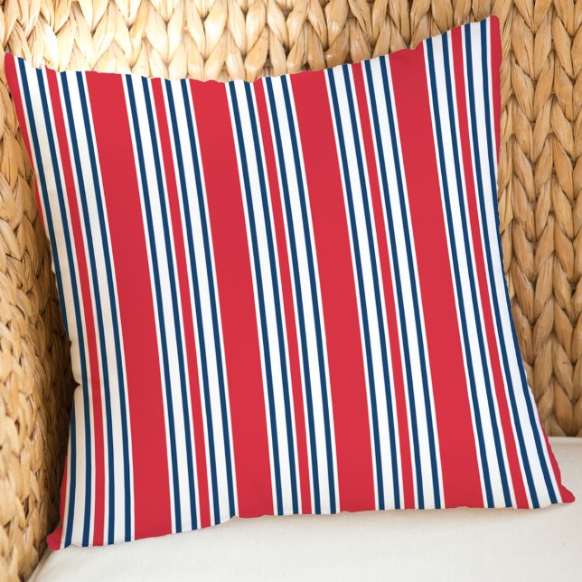 Coussin Rouge Blanc Marine Rayure Verticale Patriotique (Créateur téléchargé)