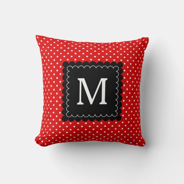 Coussin Rouge Blanc Pois Motif Noir Monogramme Design (Recto)