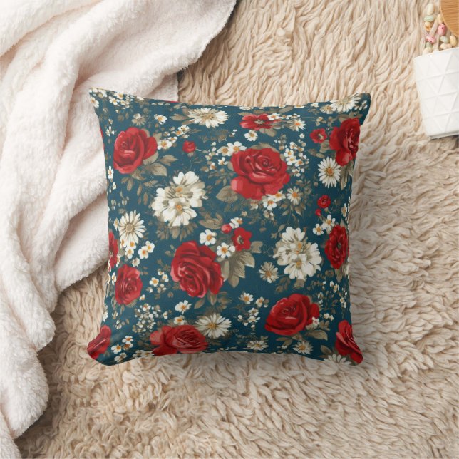 Coussin Rouge Bleu Blanc Floral Patriotique (11) (Couverture)