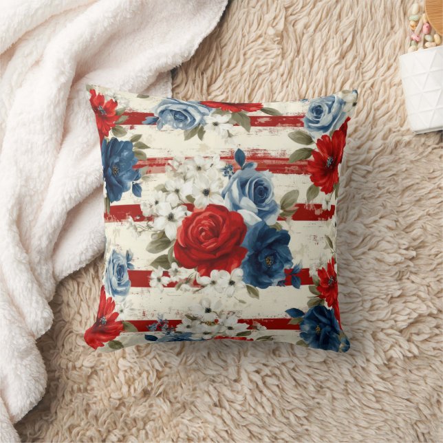Coussin Rouge Bleu Blanc Floral Patriotique (2) (Couverture)