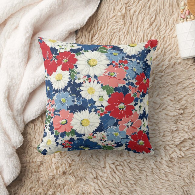 Coussin Rouge Bleu Blanc Floral Patriotique (3) (Couverture)