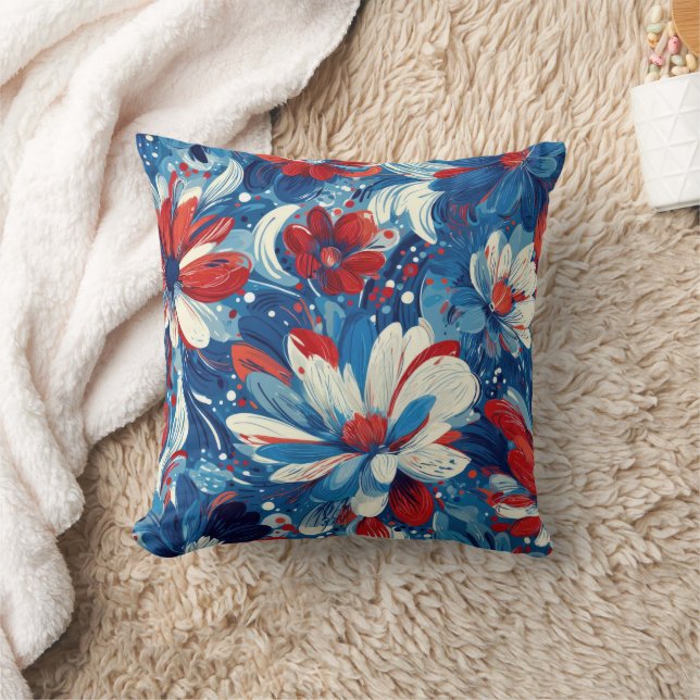 Coussin Rouge Bleu Blanc Floral Patriotique (8) (Couverture)