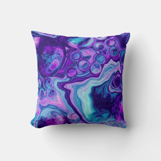 Coussin Rouge, Bleu, Bokeh Rose Marbre Fluid Art (Recto)