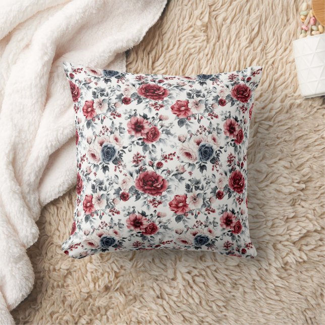 Coussin Rouge bleu crème Fleurs Vintages Aquarelle (Couverture)