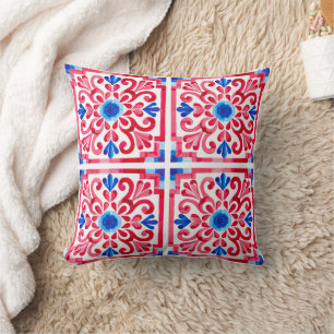 Coussin Rouge & Bleu Floral Traditionnel Mexicain Talavera