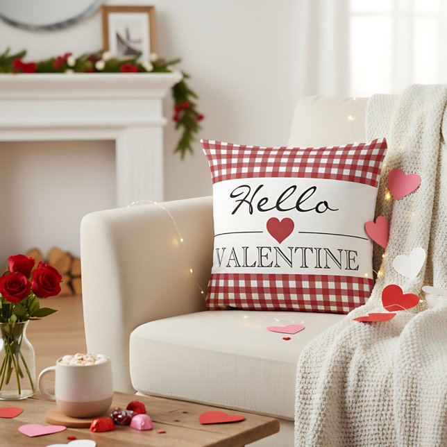 Coussin Rouge Bonjour Saint-Valentin Carreaux Gingham (Créateur téléchargé)