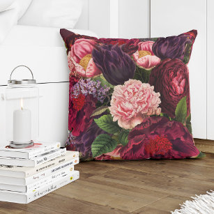 Coussin Rouge bordeaux, fleurs violettes profondes et rose
