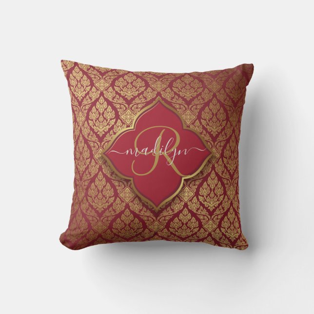 Coussin Rouge bordeaux Or Fleur Motif Damassé Monogramme (Recto)