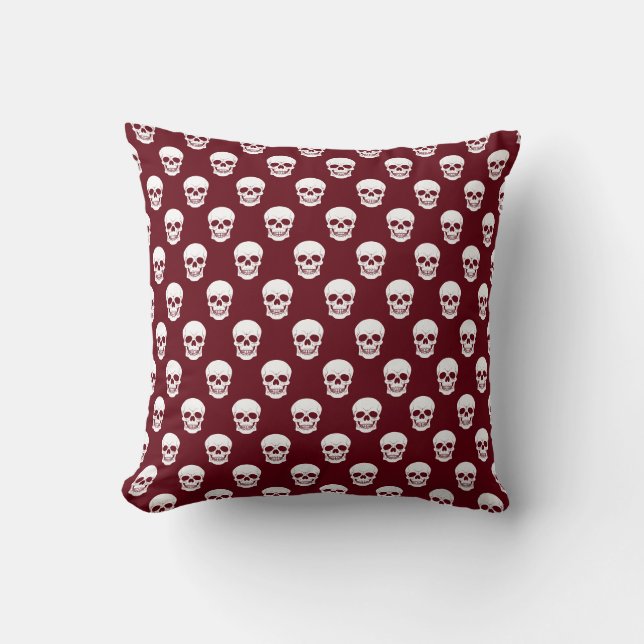 Coussin Rouge Bourgogne avec motif de crâne blanc Hallowee (Recto)