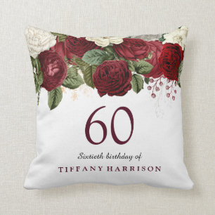 Coussin Rouge Bourgogne Rose 60e anniversaire Cadeau