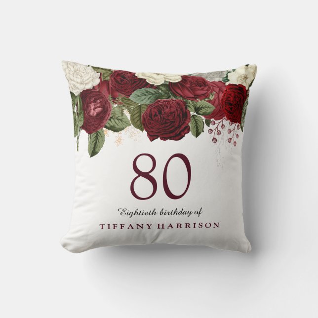 Coussin Rouge Bourgogne Rose blanche 80e anniversaire Cade (Recto)