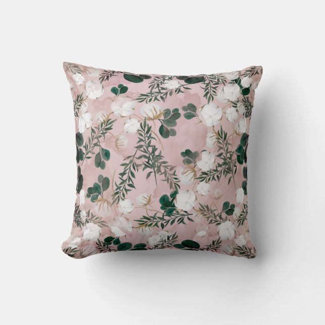 Coussin Rouge Brun Coton Floral Feuillage Rustique Délabré (Recto)