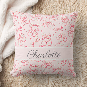 Coussin Rouge Cerise Rose Coquette Nom Personnalisé