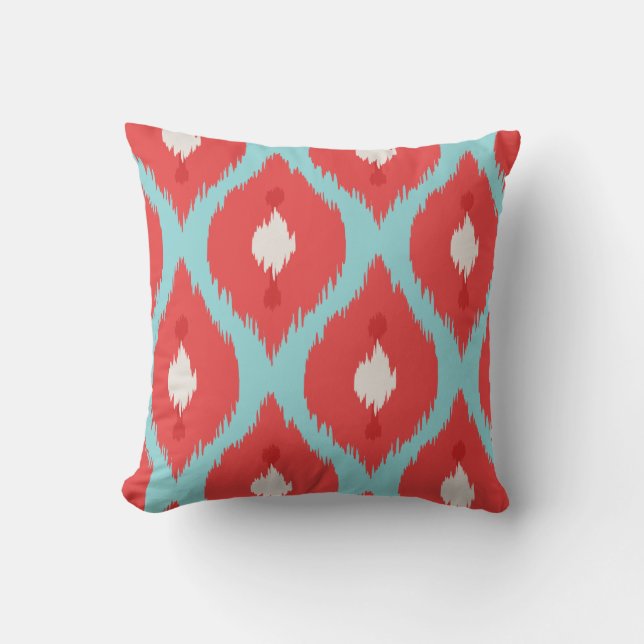 Coussin rouge chic moderne d'ikat de turquoise (Recto)