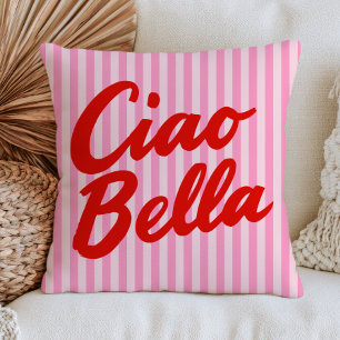 Coussin Rouge "Ciao Bella" sur rayures roses Moderne Éclec