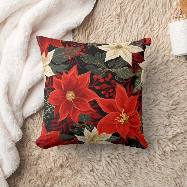 Coussin Rouge classique et blanc Poinsettia Noël Floral (Couverture)
