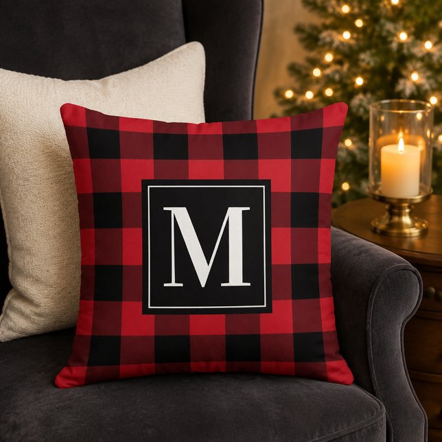 Coussin Rouge Classique Plaid Bison Monogramme Noël (Créateur téléchargé)