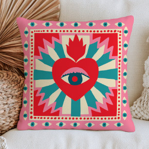 Coussin Rouge cœur funky mauvais œil bohème rose maximalis