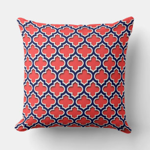 Coussin Rouge Corail, Blanc Nuit Motif Marocain Quatrefoil