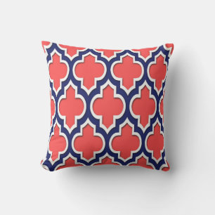 Coussin Rouge Corail Navy Blanc Quatrefoil Marocain #4DS