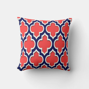 Coussin Rouge Corail Navy Blanc Quatrefoil Marocain #4DS