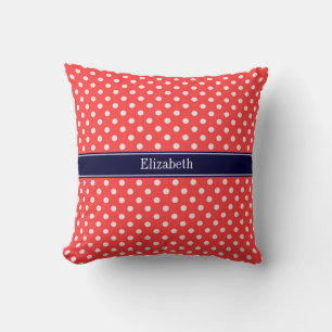 Coussin Rouge Corail, Points Blancs Polka Bleu Marine Mono