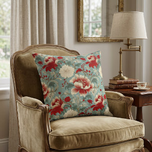 Coussin Rouge, crème et vert floral Chinoiserie