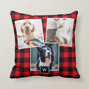 Coussin rouge de monogramme de collage de photo du