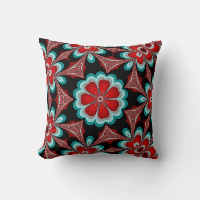 Coussin Rouge du pavot Turquoise et Fleur noire (Recto)