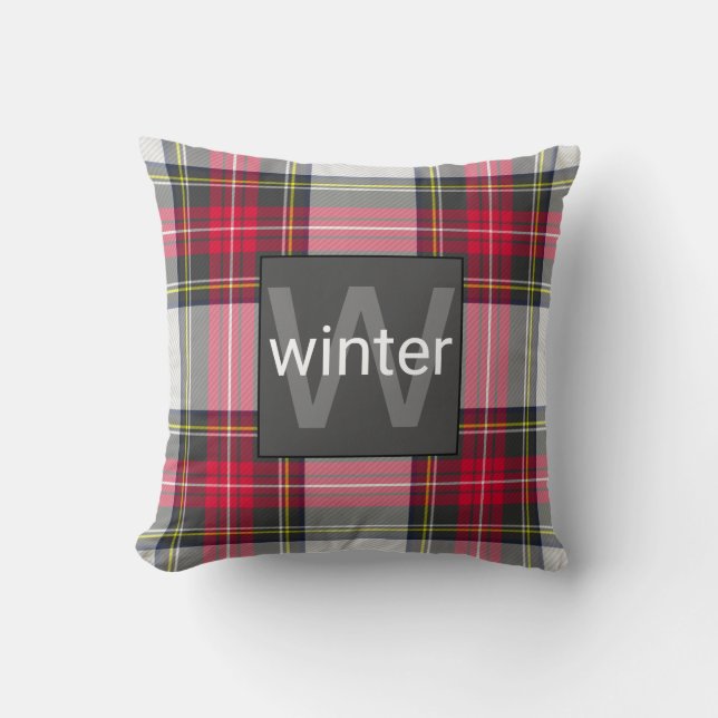 Coussin Rouge élégant|Gris Tartan Plaid Monogramme|Nom (Recto)