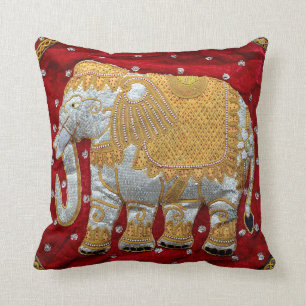 Coussin Rouge embelli et or d'éléphant d'Asie