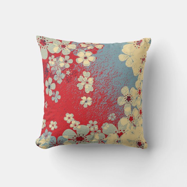 Coussin Rouge et bleu Vintage motif floral (Recto)