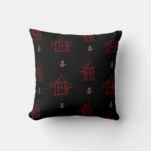 Coussin Rouge et carreau de Chinoiserie de pagodas d'or (Recto)