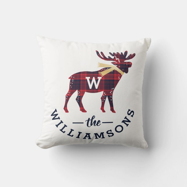 Coussin Rouge et Noël de monogramme d'orignaux de plaid de (Recto)