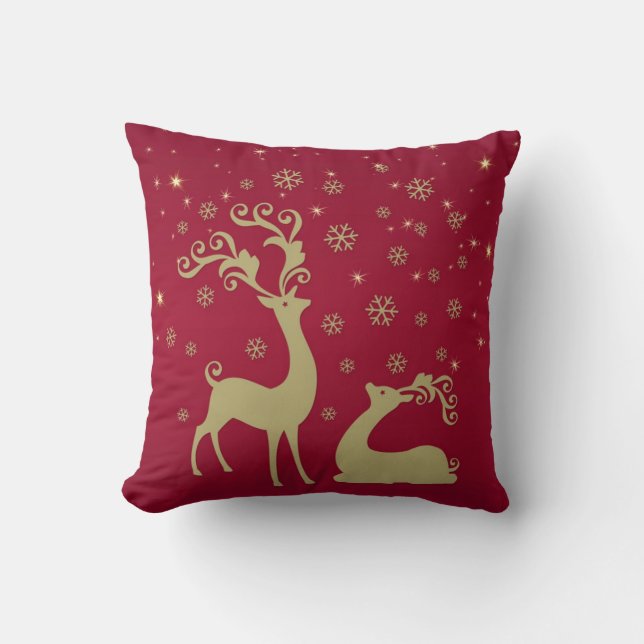 Coussin Rouge et renne de Noël d'or (Recto)