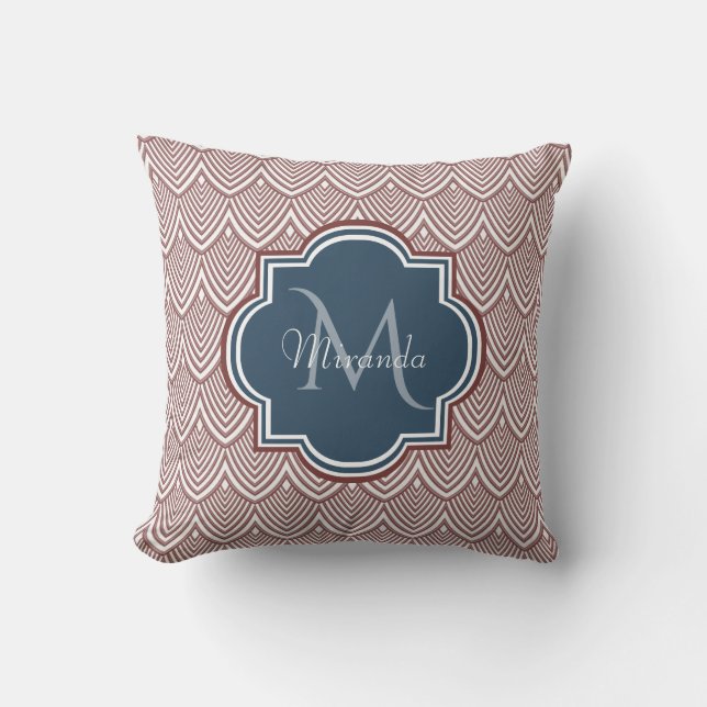 Coussin Rouge foncé Déco pétoncles bleu marine Monogramme  (Recto)