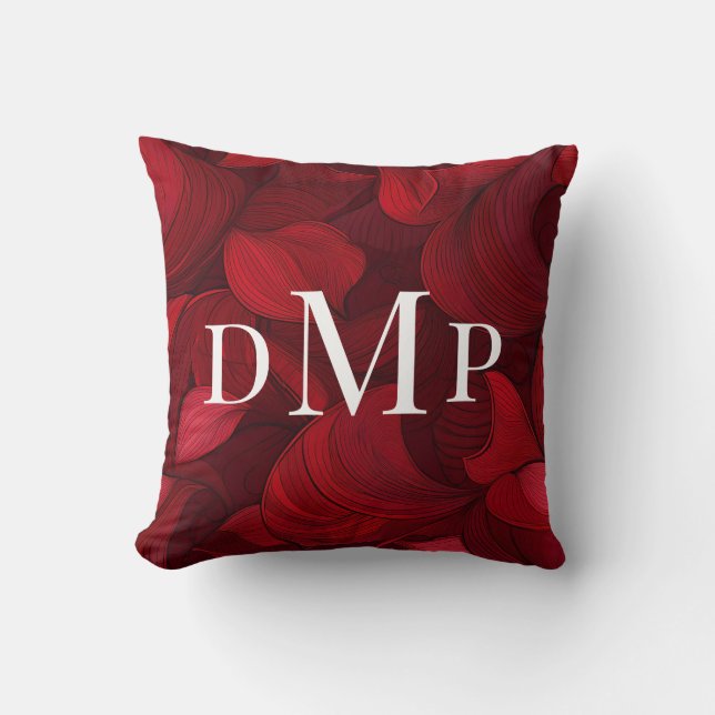 Coussin Rouge foncé Feuilles Abstraits Monogrammé (Recto)