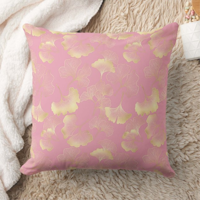 Coussin Rouge Ginkgo Luxe – Or Botanique sur Rose (Couverture)