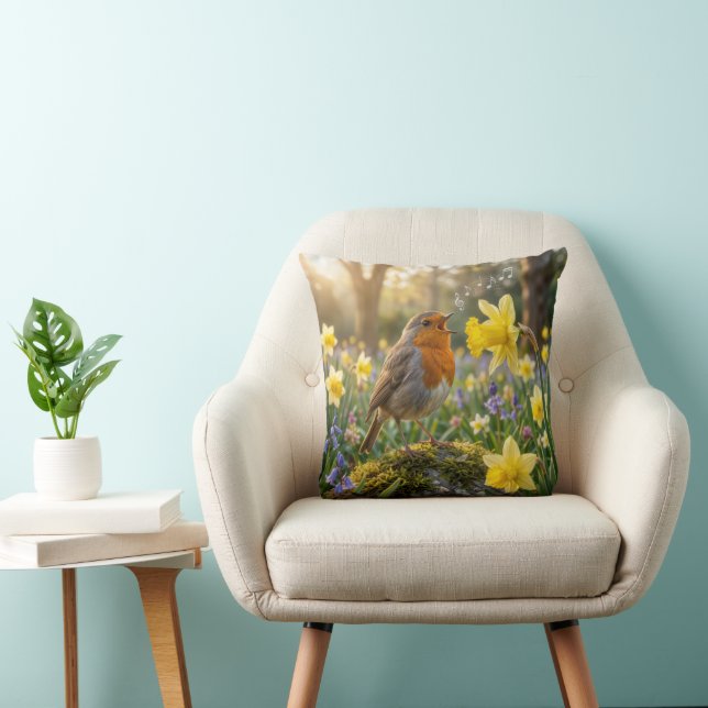 Coussin Rouge-gorge chantant dans un Jonquille (Chaise)